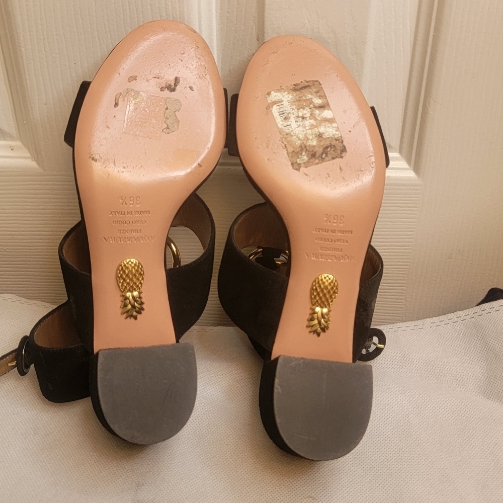 AQUAZZURA CAMEL SUEDE SAFARI LEATHER GOLD RING MID HEEL ANKLE STRAP  SANDALS - Picture 8 of 16